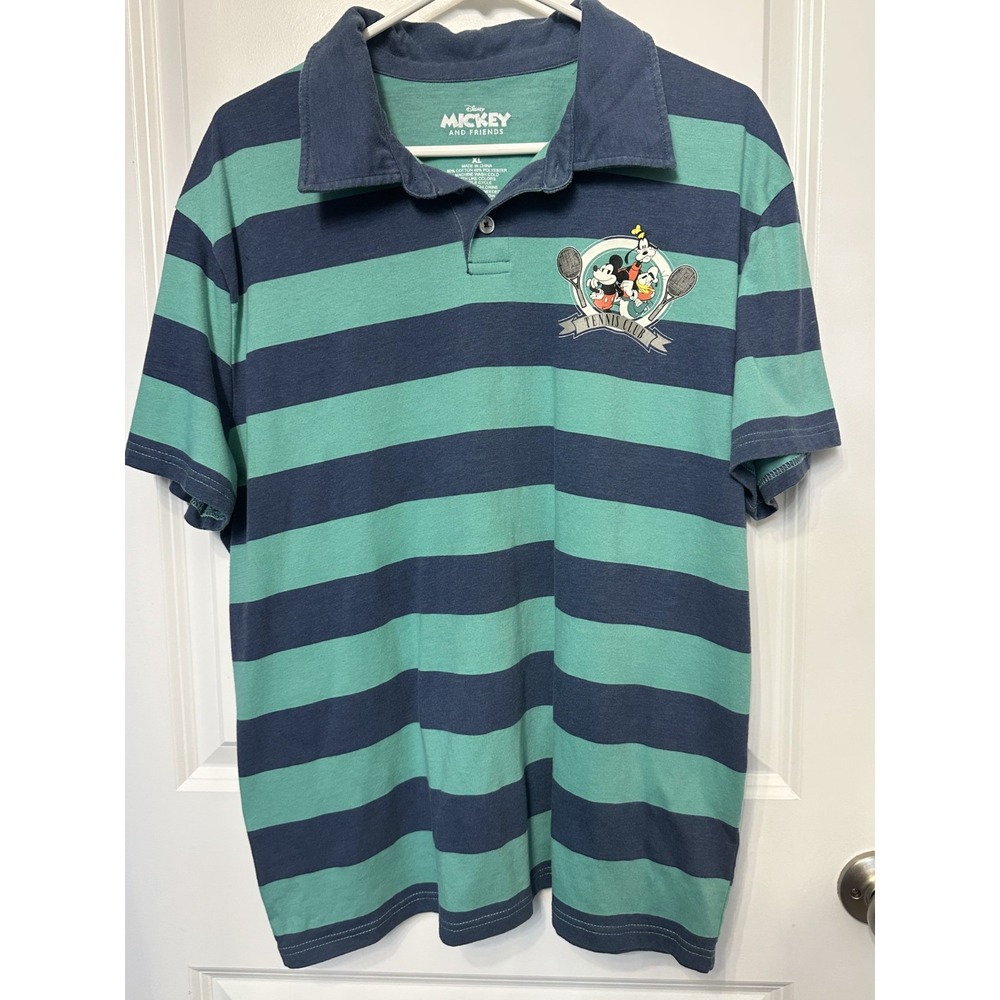 Disney Men's Mickey Mouse Short Sleeves Polo Shirt Marine Blue XL Stripe Novelty